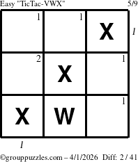 The grouppuzzles.com Easy TicTac-VWX puzzle for Wednesday April 1, 2026, suitable for printing, with all 2 steps marked