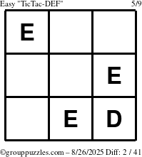 The grouppuzzles.com Easy TicTac-DEF puzzle for Tuesday August 26, 2025