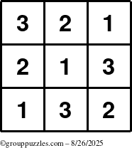 The grouppuzzles.com Answer grid for the TicTac-123 puzzle for Tuesday August 26, 2025