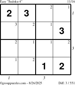 The grouppuzzles.com Easy Sudoku-4 puzzle for Tuesday August 26, 2025 with all 3 steps marked