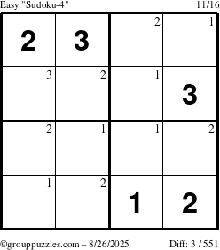 The grouppuzzles.com Easy Sudoku-4 puzzle for Tuesday August 26, 2025 with the first 3 steps marked