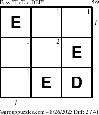 The grouppuzzles.com Easy TicTac-DEF puzzle for Tuesday August 26, 2025 with all 2 steps marked