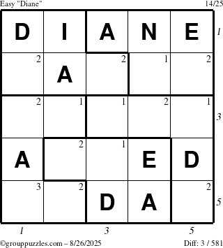 The grouppuzzles.com Easy Diane puzzle for Tuesday August 26, 2025 with all 3 steps marked
