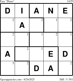 The grouppuzzles.com Easy Diane puzzle for Tuesday August 26, 2025 with the first 3 steps marked
