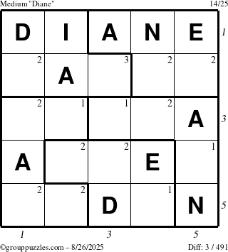 The grouppuzzles.com Medium Diane puzzle for Tuesday August 26, 2025 with all 3 steps marked
