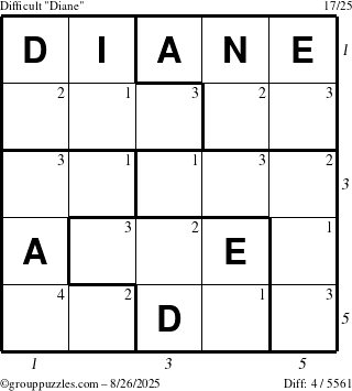 The grouppuzzles.com Difficult Diane puzzle for Tuesday August 26, 2025 with all 4 steps marked