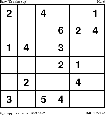 The grouppuzzles.com Easy Sudoku-6up puzzle for Tuesday August 26, 2025