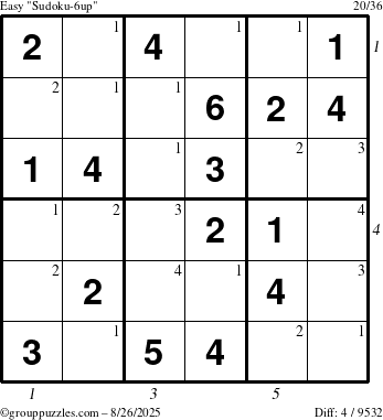 The grouppuzzles.com Easy Sudoku-6up puzzle for Tuesday August 26, 2025, suitable for printing, with all 4 steps marked