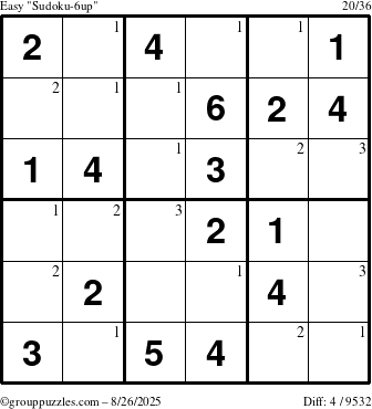 The grouppuzzles.com Easy Sudoku-6up puzzle for Tuesday August 26, 2025 with the first 3 steps marked