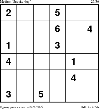 The grouppuzzles.com Medium Sudoku-6up puzzle for Tuesday August 26, 2025
