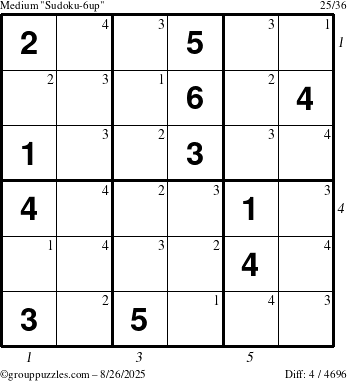The grouppuzzles.com Medium Sudoku-6up puzzle for Tuesday August 26, 2025 with all 4 steps marked