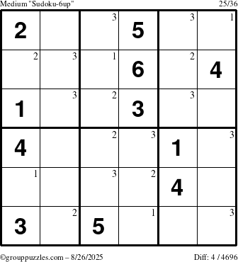 The grouppuzzles.com Medium Sudoku-6up puzzle for Tuesday August 26, 2025 with the first 3 steps marked