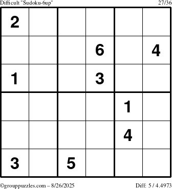 The grouppuzzles.com Difficult Sudoku-6up puzzle for Tuesday August 26, 2025
