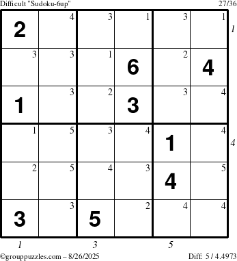 The grouppuzzles.com Difficult Sudoku-6up puzzle for Tuesday August 26, 2025 with all 5 steps marked