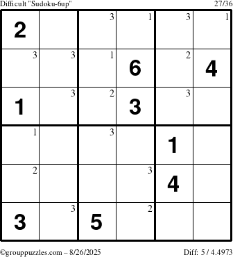 The grouppuzzles.com Difficult Sudoku-6up puzzle for Tuesday August 26, 2025 with the first 3 steps marked