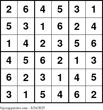 The grouppuzzles.com Answer grid for the Sudoku-6up puzzle for Tuesday August 26, 2025