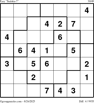 The grouppuzzles.com Easy Sudoku-7 puzzle for Tuesday August 26, 2025