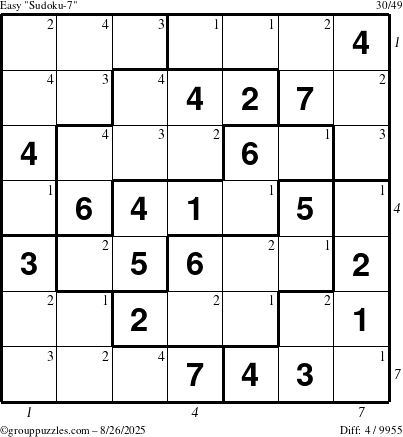 The grouppuzzles.com Easy Sudoku-7 puzzle for Tuesday August 26, 2025 with all 4 steps marked