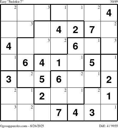 The grouppuzzles.com Easy Sudoku-7 puzzle for Tuesday August 26, 2025 with the first 3 steps marked