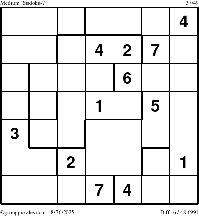 The grouppuzzles.com Medium Sudoku-7 puzzle for Tuesday August 26, 2025