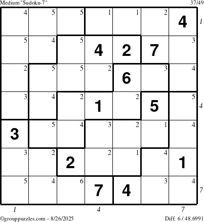 The grouppuzzles.com Medium Sudoku-7 puzzle for Tuesday August 26, 2025 with all 6 steps marked