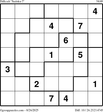 The grouppuzzles.com Difficult Sudoku-7 puzzle for Tuesday August 26, 2025