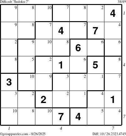 The grouppuzzles.com Difficult Sudoku-7 puzzle for Tuesday August 26, 2025 with all 10 steps marked