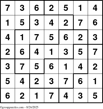 The grouppuzzles.com Answer grid for the Sudoku-7 puzzle for Tuesday August 26, 2025