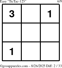 The grouppuzzles.com Easy TicTac-123 puzzle for Tuesday August 26, 2025