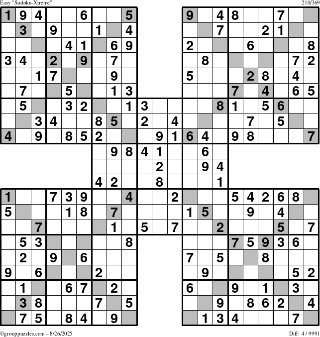 The grouppuzzles.com Easy Sudoku-Xtreme puzzle for Tuesday August 26, 2025