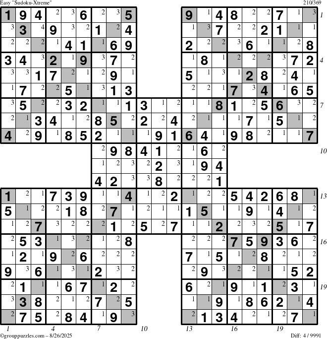 The grouppuzzles.com Easy Sudoku-Xtreme puzzle for Tuesday August 26, 2025 with all 4 steps marked