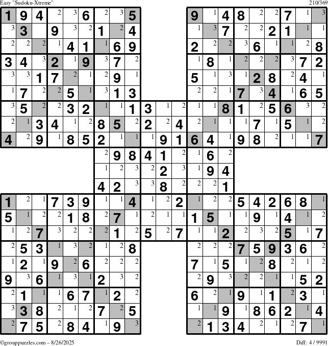 The grouppuzzles.com Easy Sudoku-Xtreme puzzle for Tuesday August 26, 2025 with the first 3 steps marked