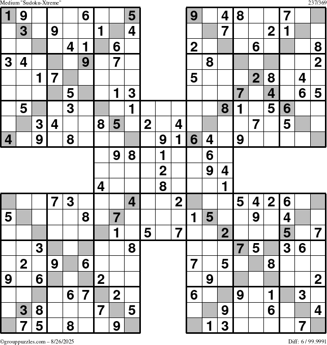 The grouppuzzles.com Medium Sudoku-Xtreme puzzle for Tuesday August 26, 2025