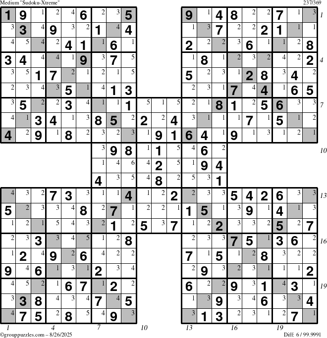 The grouppuzzles.com Medium Sudoku-Xtreme puzzle for Tuesday August 26, 2025 with all 6 steps marked
