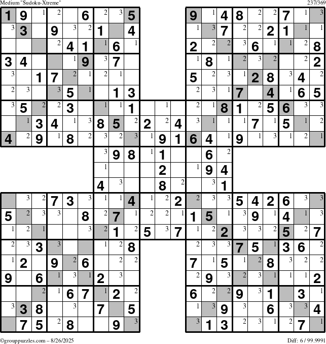 The grouppuzzles.com Medium Sudoku-Xtreme puzzle for Tuesday August 26, 2025 with the first 3 steps marked