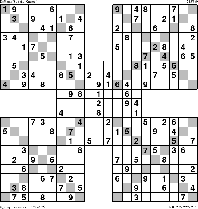 The grouppuzzles.com Difficult Sudoku-Xtreme puzzle for Tuesday August 26, 2025