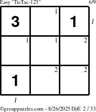The grouppuzzles.com Easy TicTac-123 puzzle for Tuesday August 26, 2025 with all 2 steps marked
