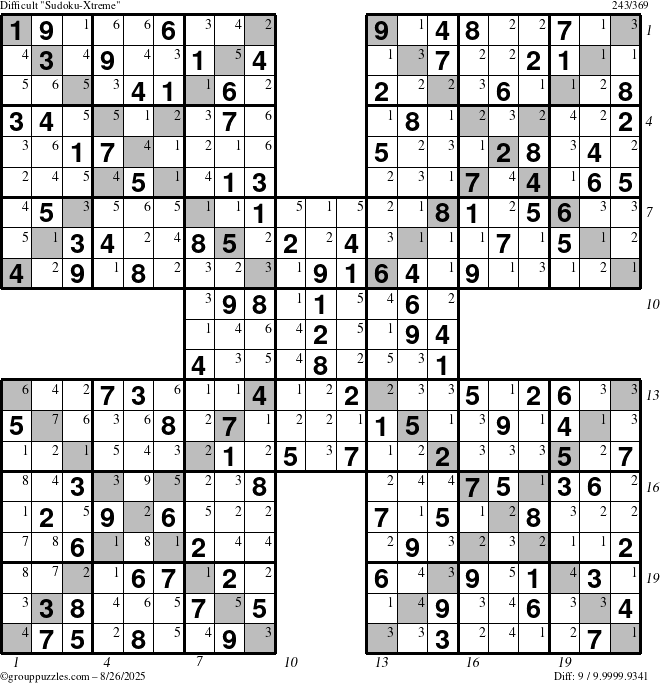 The grouppuzzles.com Difficult Sudoku-Xtreme puzzle for Tuesday August 26, 2025, suitable for printing, with all 9 steps marked