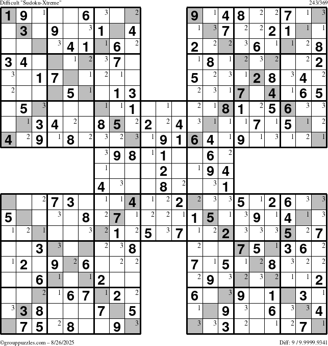 The grouppuzzles.com Difficult Sudoku-Xtreme puzzle for Tuesday August 26, 2025 with the first 3 steps marked