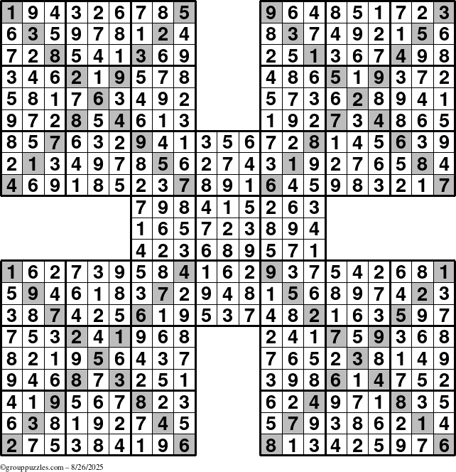 The grouppuzzles.com Answer grid for the Sudoku-Xtreme puzzle for Tuesday August 26, 2025
