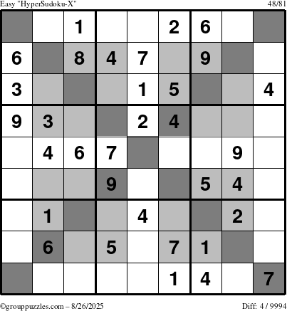 The grouppuzzles.com Easy HyperSudoku-X puzzle for Tuesday August 26, 2025