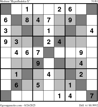 The grouppuzzles.com Medium HyperSudoku-X puzzle for Tuesday August 26, 2025