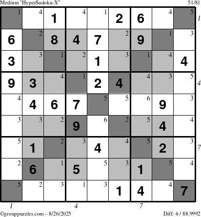 The grouppuzzles.com Medium HyperSudoku-X puzzle for Tuesday August 26, 2025, suitable for printing, with all 6 steps marked