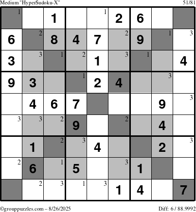 The grouppuzzles.com Medium HyperSudoku-X puzzle for Tuesday August 26, 2025 with the first 3 steps marked