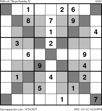 The grouppuzzles.com Difficult HyperSudoku-X puzzle for Tuesday August 26, 2025