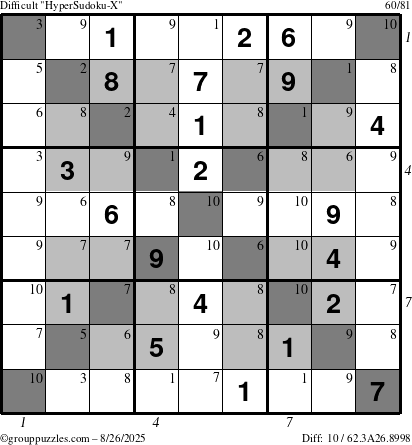 The grouppuzzles.com Difficult HyperSudoku-X puzzle for Tuesday August 26, 2025, suitable for printing, with all 10 steps marked