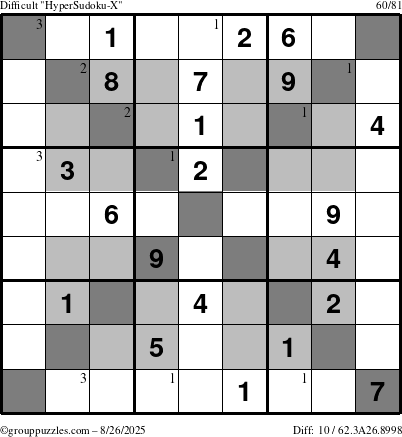 The grouppuzzles.com Difficult HyperSudoku-X puzzle for Tuesday August 26, 2025 with the first 3 steps marked