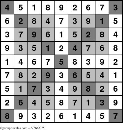 The grouppuzzles.com Answer grid for the HyperSudoku-X puzzle for Tuesday August 26, 2025