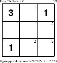 The grouppuzzles.com Easy TicTac-123 puzzle for Tuesday August 26, 2025 with the first 2 steps marked