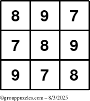 The grouppuzzles.com Answer grid for the TicTac-789 puzzle for Sunday August 3, 2025